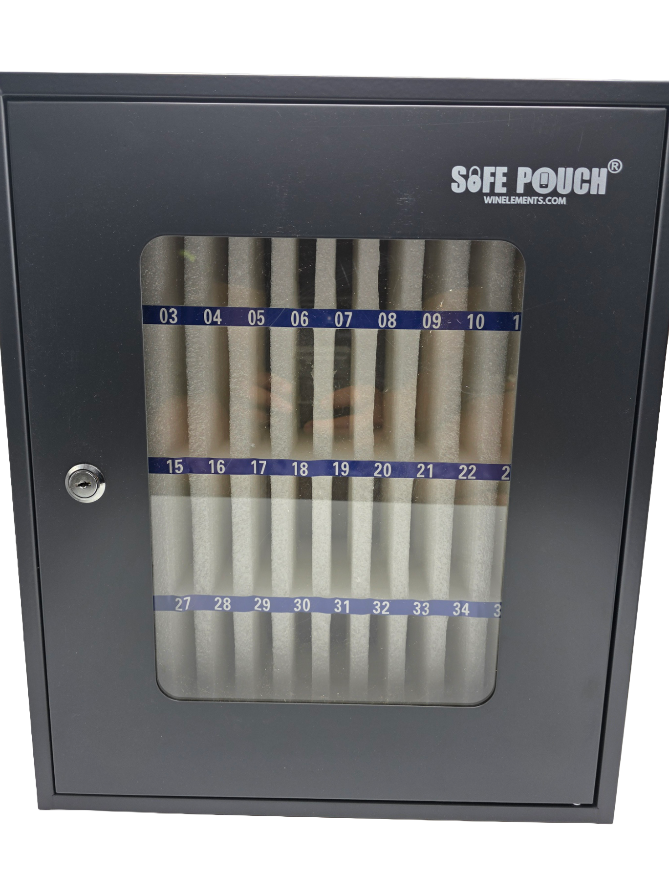 Front view of the Safe Pouch Tier 3 phone storage cabinet with 48 numbered slots and clear acrylic door