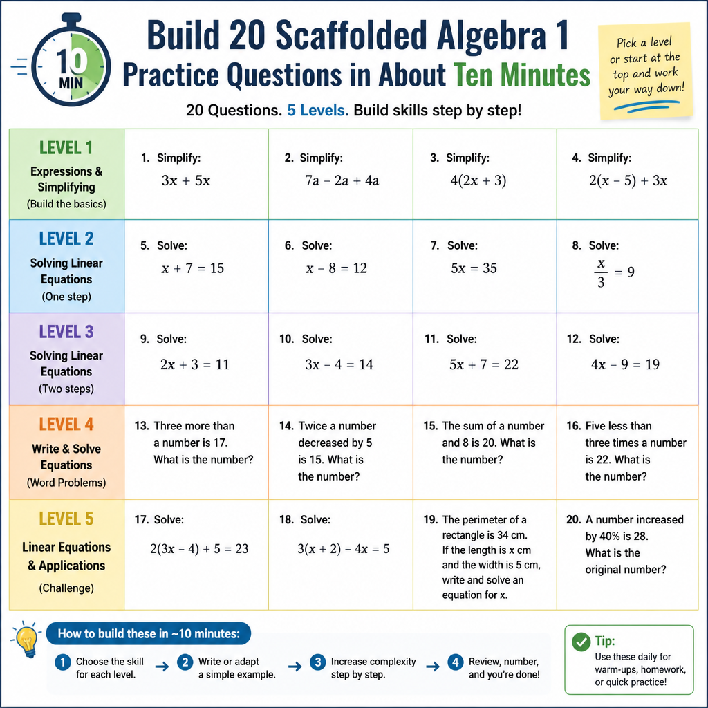 Build 20 Scaffolded Algebra 1 Practice Questions in About Ten Minutes