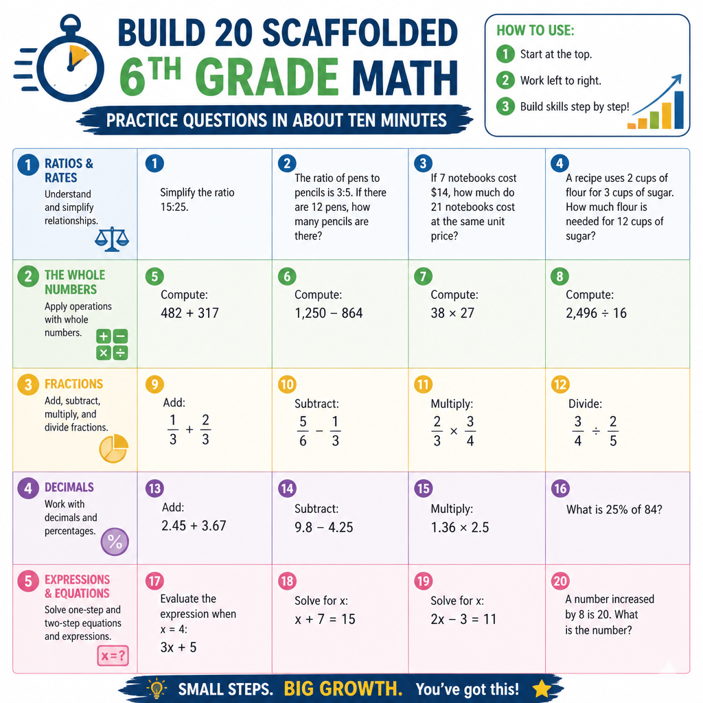 Build 20 Scaffolded 6th Grade Math Practice Questions in About Ten Minutes